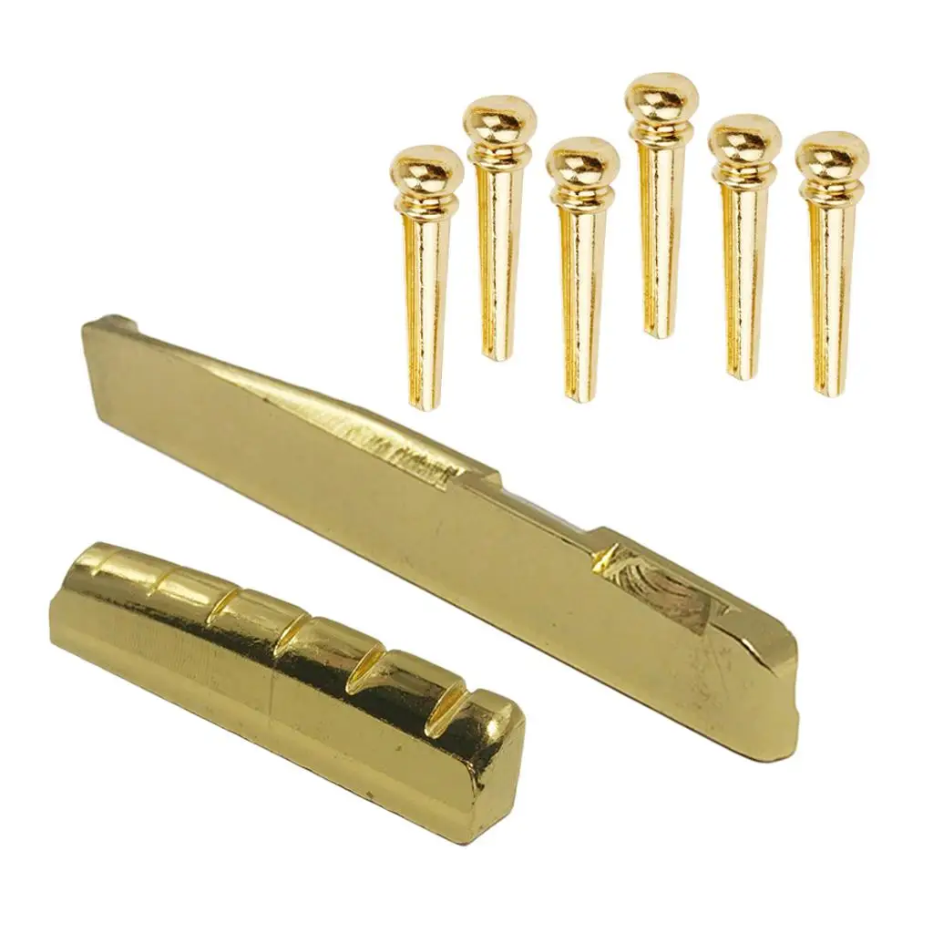 Acoustic Guitar Upgrade Kit Brass Bridge Pegs Slotted Saddle and Nut Replacement for 6 String Folk Players