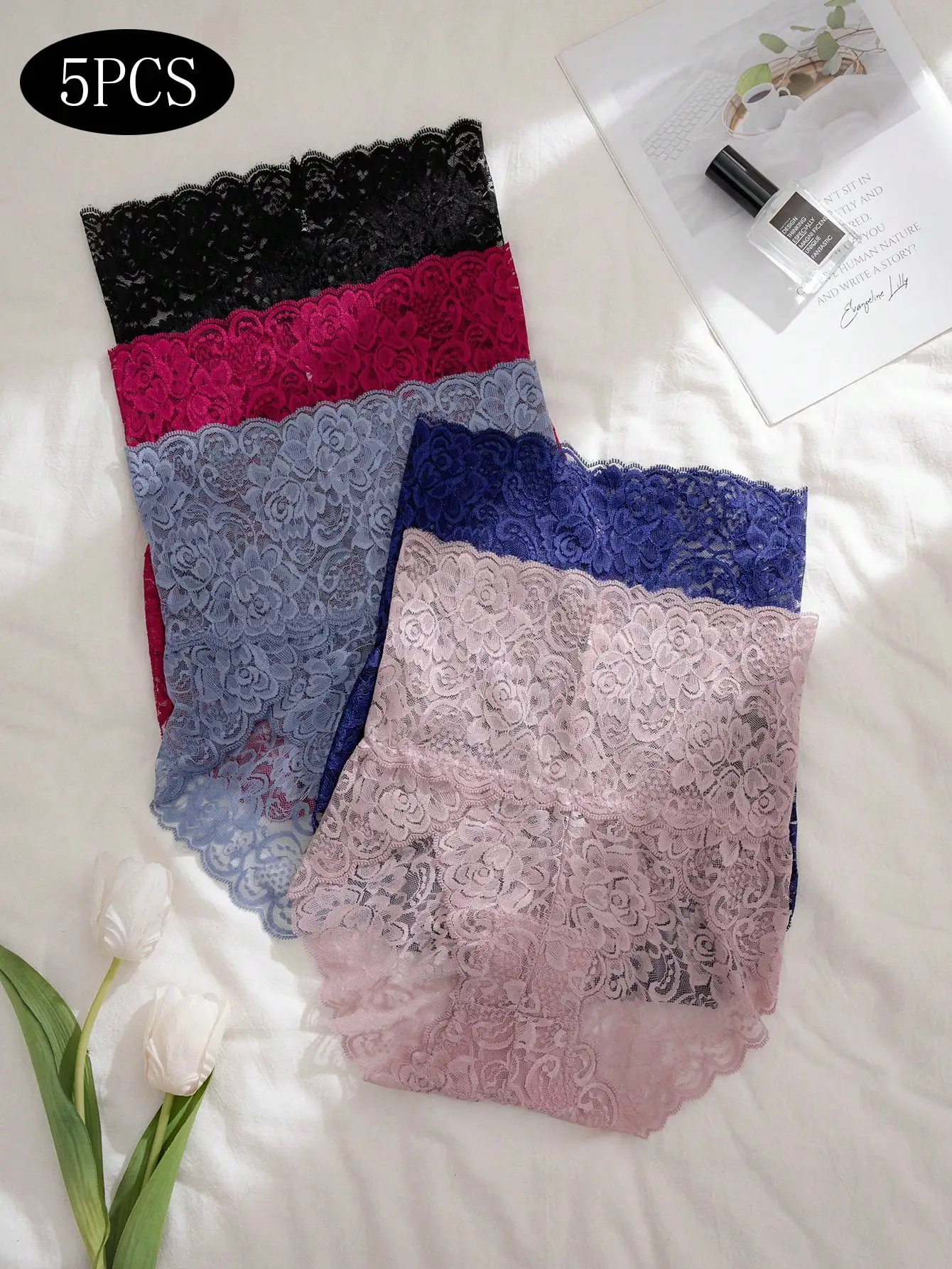 5Pcs Full Floral Lace Women Bikini Panties Mid Rise High Elastic Breathable Sheer Briefs Pure Cotton Antibacterial Crotch Ladies