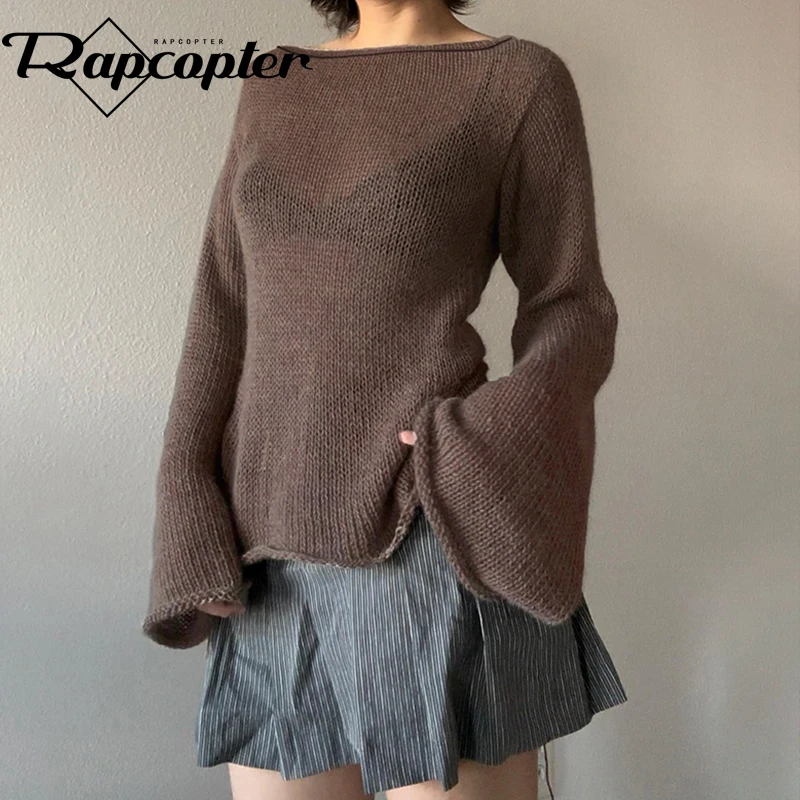 Rapcopter Solid Backless maglioni y2k Vintage Solid Baggy Smock Top autunno inverno Flare maglioni a maniche lunghe maglieria estetica