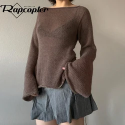 Rapcopter Solid Backless Sweaters y2k Vintage Solid Baggy Smock Top Autumn Winter Flare Full Sleeve Jumpers Knitwear Aesthetic