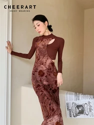 CHEERART Flocking Vintage Bodycon Long Dresses For Women 2023 Brown Long Sleeve A Line Evening Midi Ladies New In Dresses