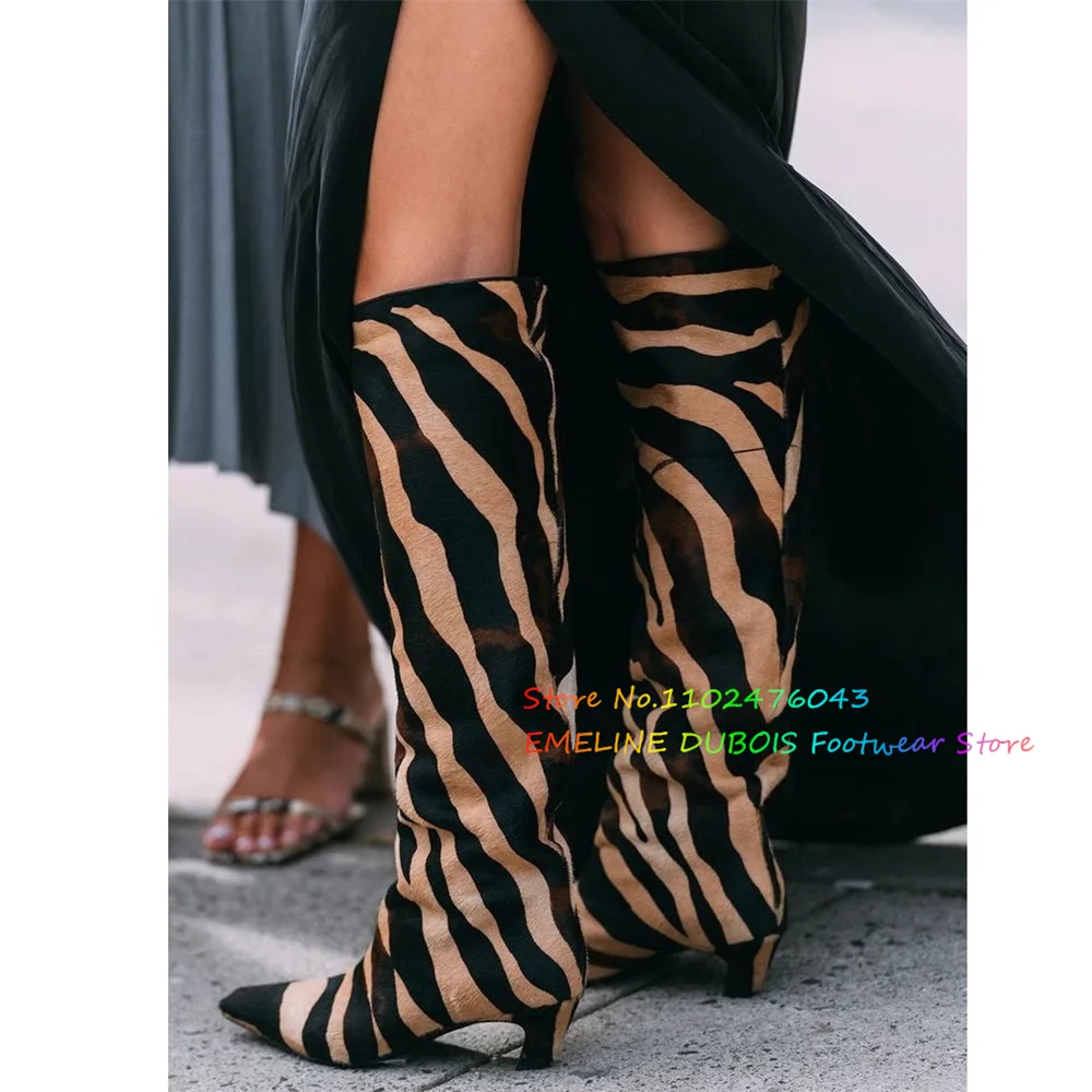 2026 Sexy Leopard Print Niedrigen Absatz Kniehohe Stiefel Frauen Karree Braun Gestreiften Wildleder Elegante Winter Neue Mode Lange Stiefel