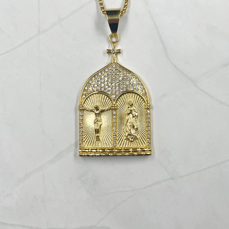Jesus Heavenly Father Mother Holy Family Pendant with rhinestone Catholic Necklace Christian Accessories Vintage Necklace