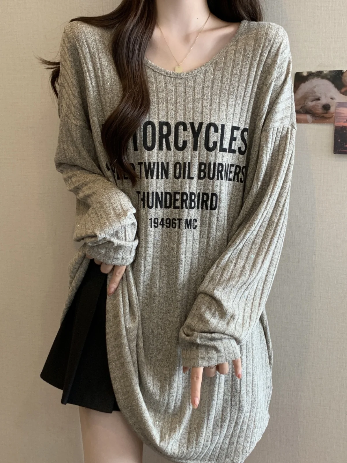 American Letter V-Neck Long Sleeve T-Shirt Women's Spring Autumn plus Size Loose Mid-Length Cover Butt Base Shirt