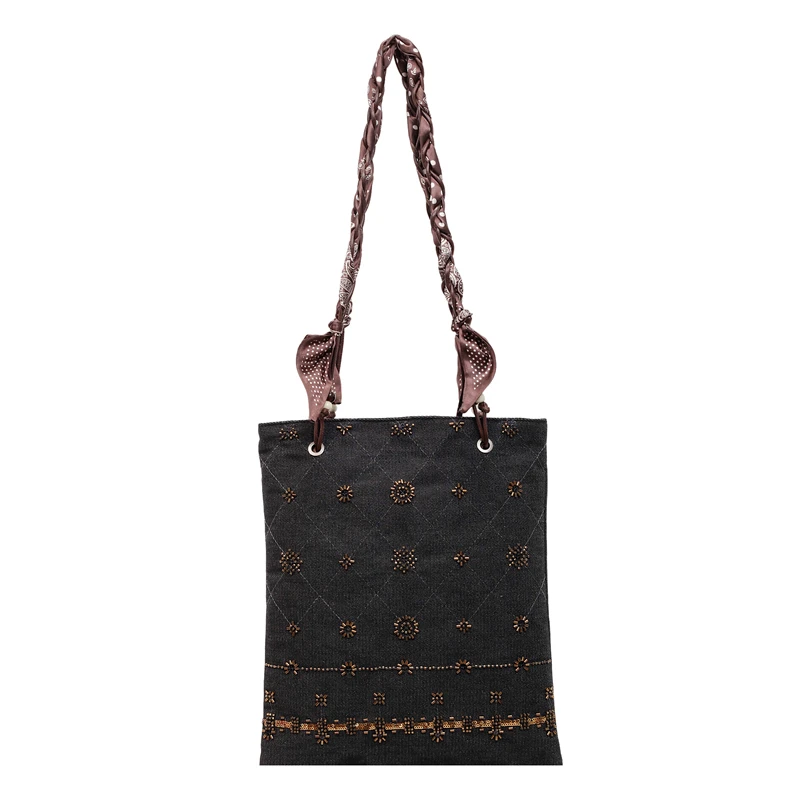 

New Heavy-duty Beaded Denim Flannel Shoulder Bags Large Capacity Retro Handbags for Women Ethnic Style Versatile Crossbody Bags