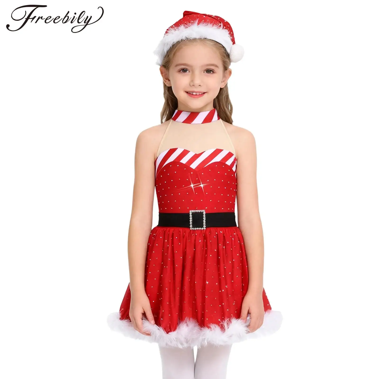 キッズガールズサンタクロースコスチュームクリスマスドレスサンタ帽子付きバレエダンスドレスクリスマスパフォーマンススーツ雪だるまドレスアップ