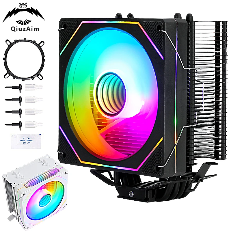 QiuzAim ที่มีประสิทธิภาพ CPU Cooler พัดลม 120 มม.4Pin/PWM สีไฟ PC 4 ความร้อนท่อติดตั้ง LGA115x 1200 1700 1366 AMD am3 am4 am5