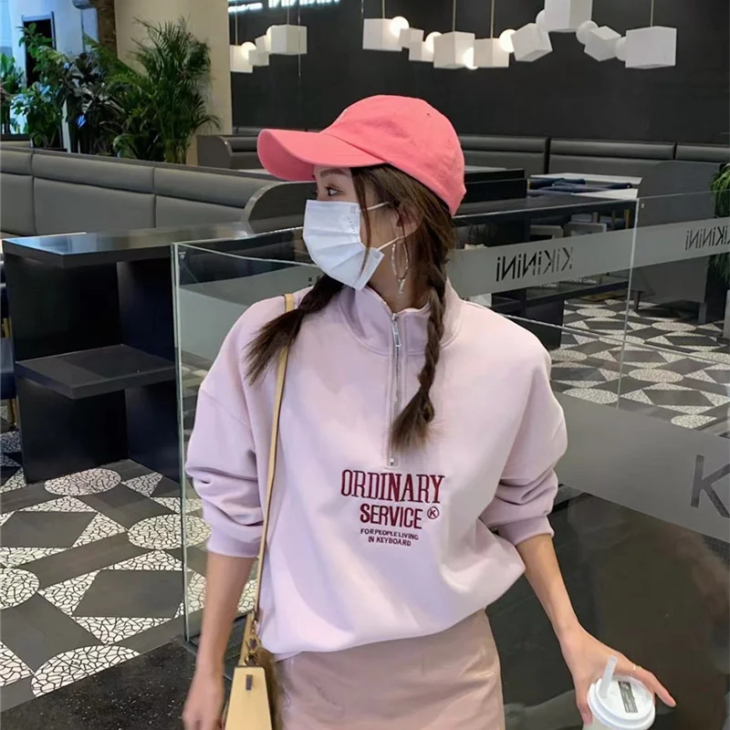 Women's Stand‑Collar Half‑Zip Pullover Sweatshirt With Exquisite Embroidery, 2025 New Spring‑Autumn Minimalist Elegant Top