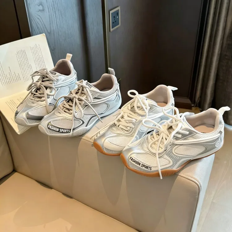 Functional-Style Silver Mesh Training Shoes for Women: Versatile Spring Lace-Up Breathable Chunky-Sole Athletic Casual Shoes