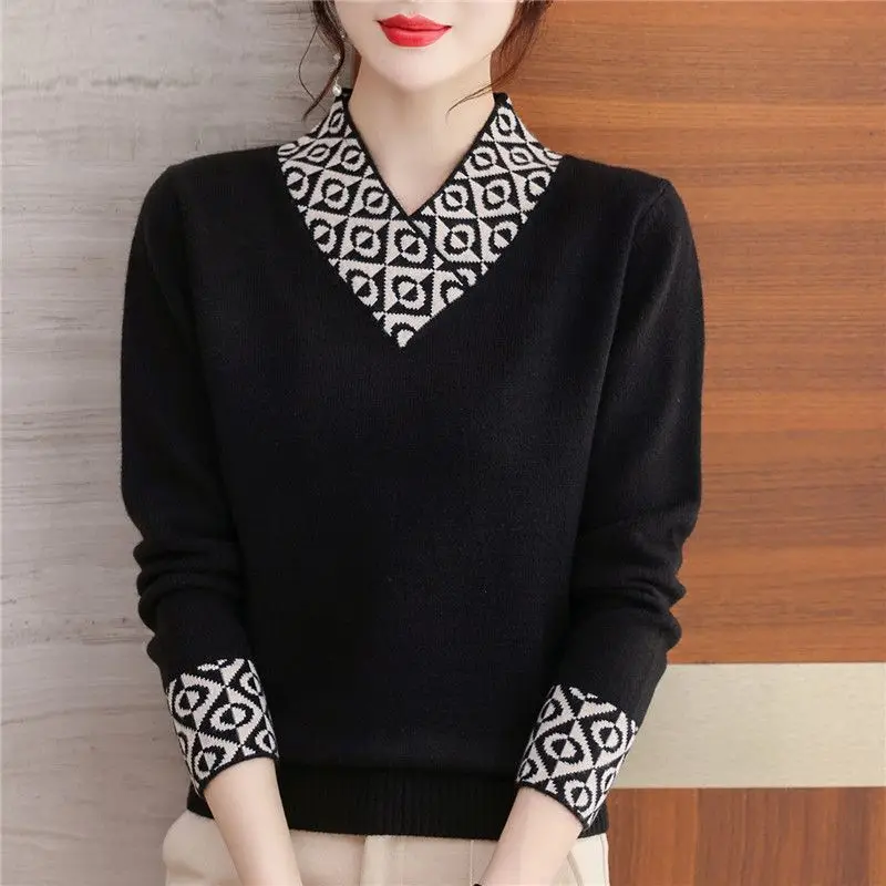 Female Solid Fashion Knitted Pullovers Women Clothes Casual Simple Keep Warm Sweaters Autumn Winter V-neck Knitwear