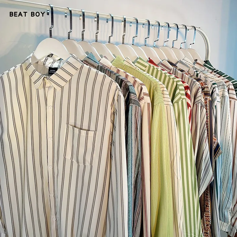 

Retro Vintage Striped Loose Long Sve irt ex Casual Comfortable Polyester Fiber Autumn Wear for Youth Daily Use