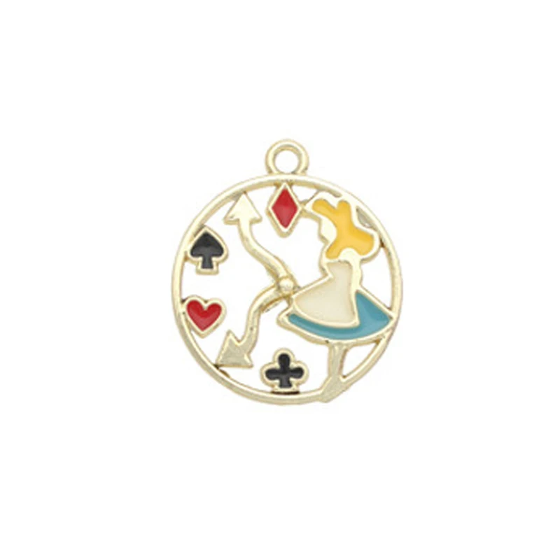 10pcs Handmade Diy Alice In Wonderland Charms, Poker Playing Card Clock Bunny Rabbit Pendants Round Enamel Earrings Accessories