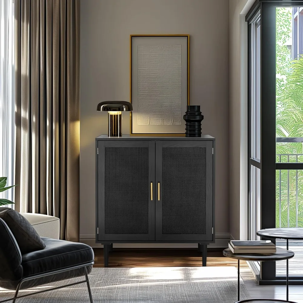 Kitchen Storage Cabinet with Black Painted Rattan Doors for Dining and Hallway Use