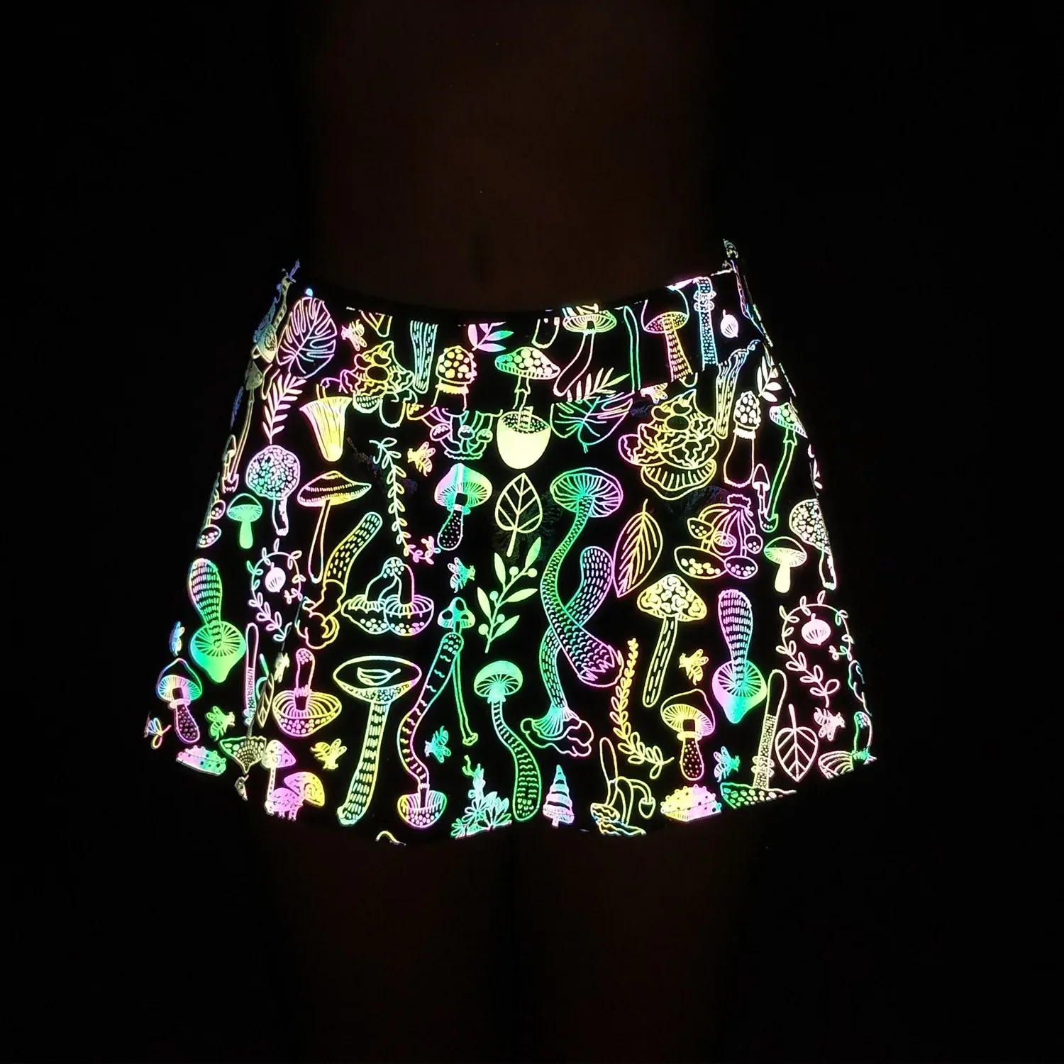 

2024 Butterfly Mushroom Colorful Reflective Skirt Harajuku Side Zipper Sexy Night Club Stage Costume Mini Skirts for Women