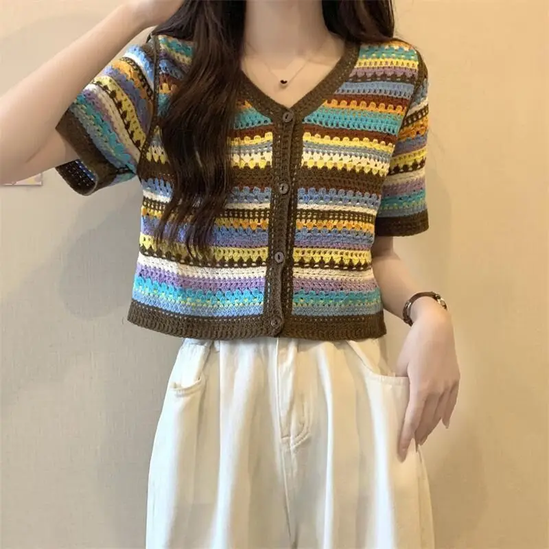 

Женский вязаный топ в стиле ретро ort Sve, V-Ne, ажурный дизайн n Sle, летняя мода, корейский узор в полоску для поездок на работу