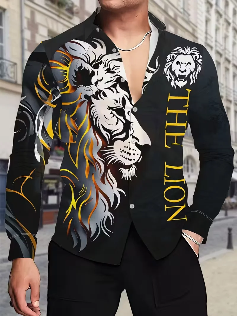 Designer's new men's 3D lion print pattern graffiti line striped shirt, fashionable men's street outdoor casual collar