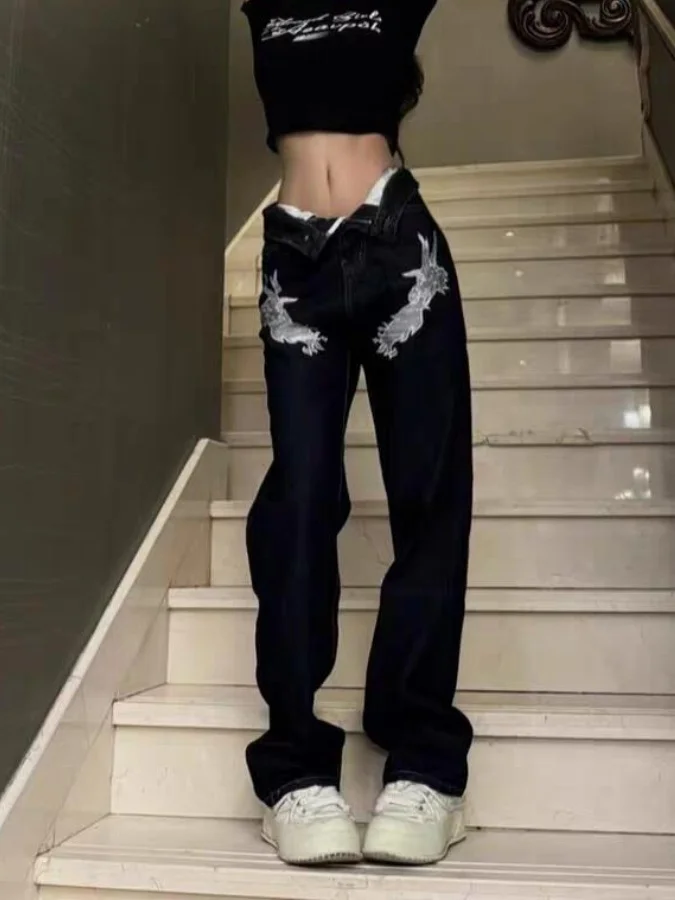 

Женские повседневные джинсы с вышивкой серебряного дракона, свободные, прямого кроя, с высокой талией, длинные брюки в стиле хип-хоп, американский уличный стиль