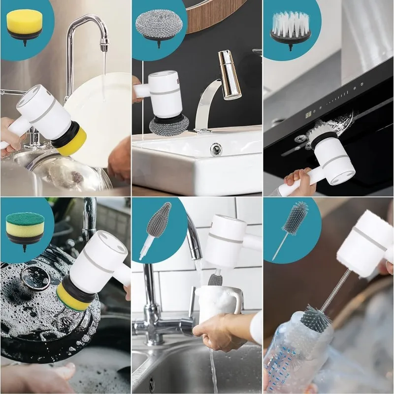 Multifunctional Electric Spin Scrubber Rechargeable with 6 Replaceable Cleaning Brush Heads or Bathroom Kitchen Oven Dish Floor