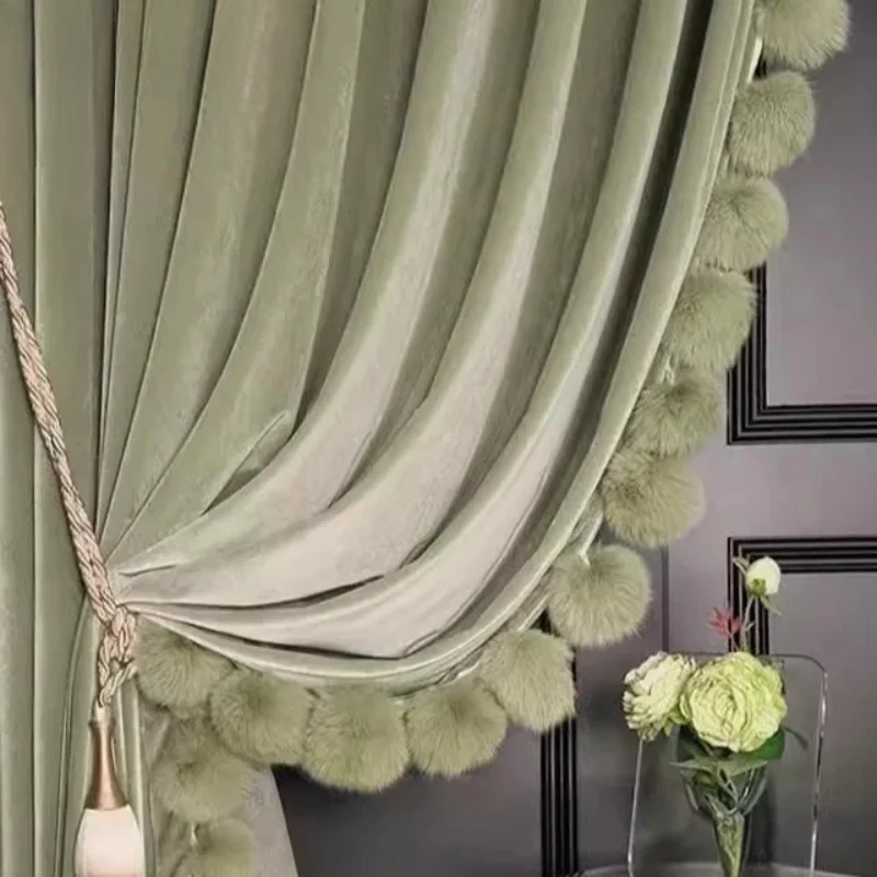 Custom Luxury Blackout Curtains French Retro Green Velvet Drapes with Fur Ball Trim for Bedroom Villa Living Room Opulent Decor