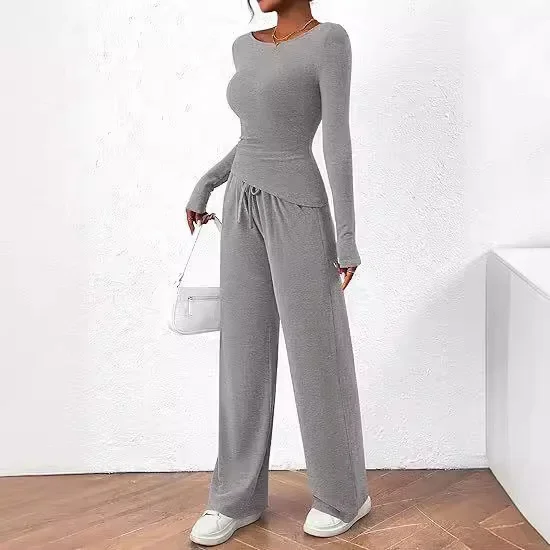 Solid Color Casual Two-piece，asymmetrical Crew Neck Slim-fit Long Sleeve T-shirt, Drawstring Wide Leg Pants,women Spring/autumn