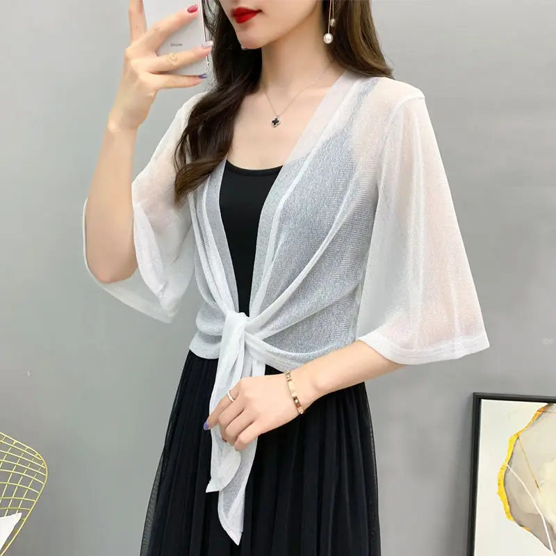 Women's Monochromatic Mesh Shawl Summer Fashion Simplicity All-match Casual Temperament Ice Shreds Sunscreen Top Clothes Trend