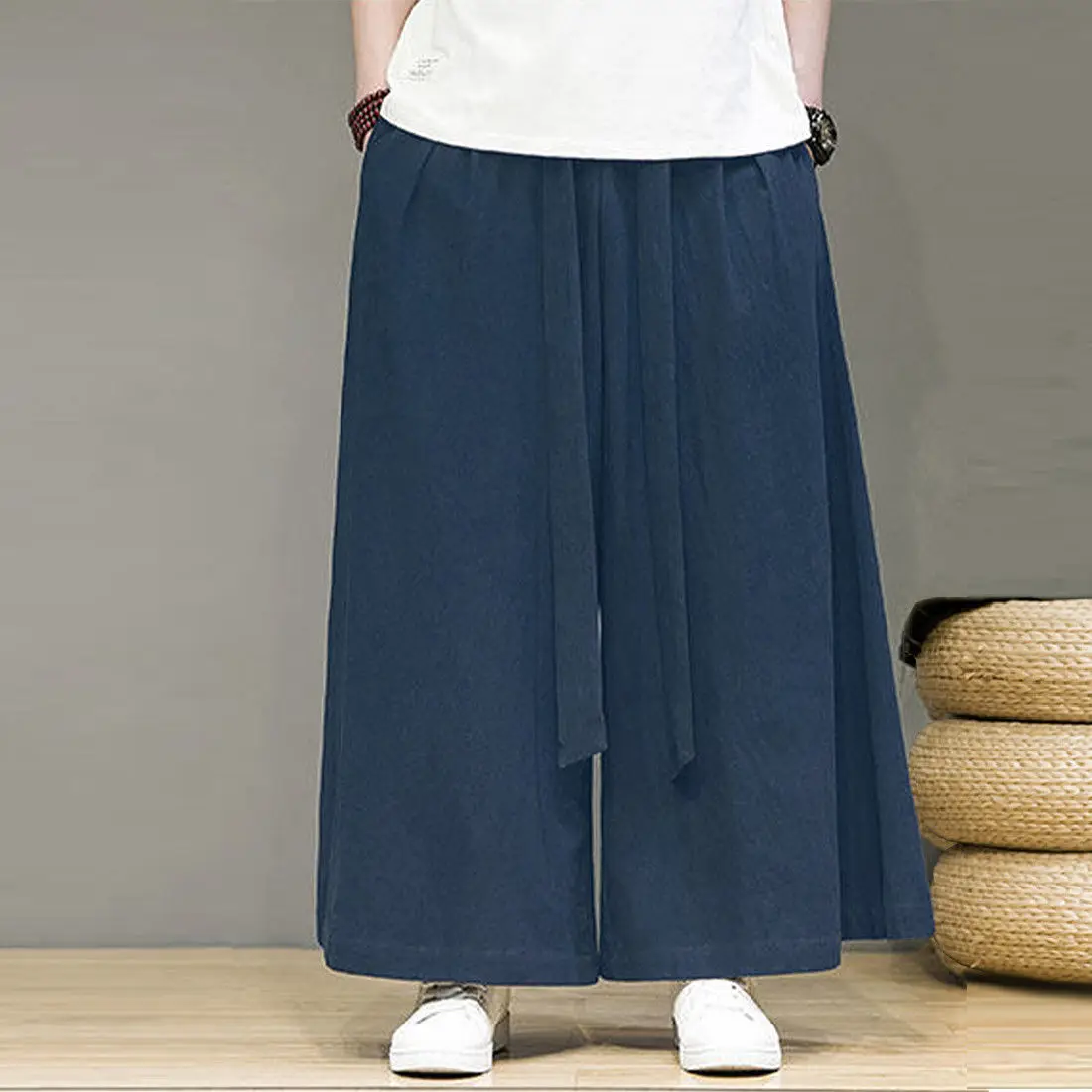 중국 스타일 남성 바지 면 린넨 봄 가을 플러스 사이즈 통기성 루즈 스트레이트 캐주얼 와이드 레그 팬츠 우슈 의류