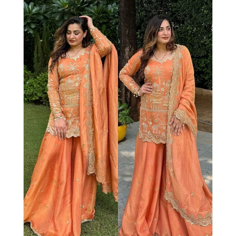 Orange Salwar Kameez Pakistan Indian Wedding Party Dress Polaroid Suit