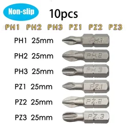 10pcs 25mm Anti Slip Electric Hex Shank Magnetic Screwdriver Drill Bit Set Hex Shank Screw Driver Bit PH1 PH2 PH3 PZ1 PZ2 PZ3