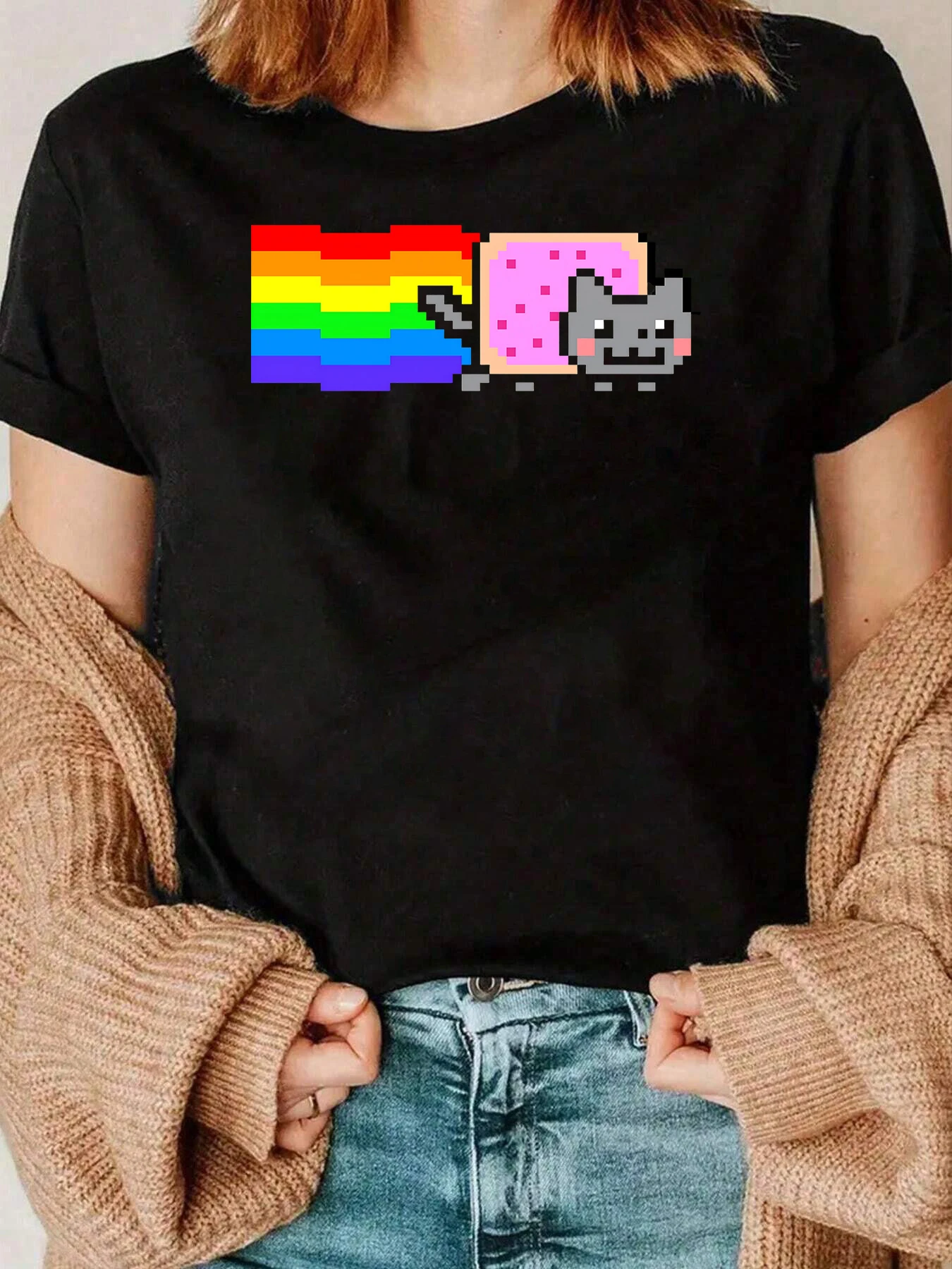 Pixel Cat Rainbow Donut Print T Shirt Casual Wear For Women 220g