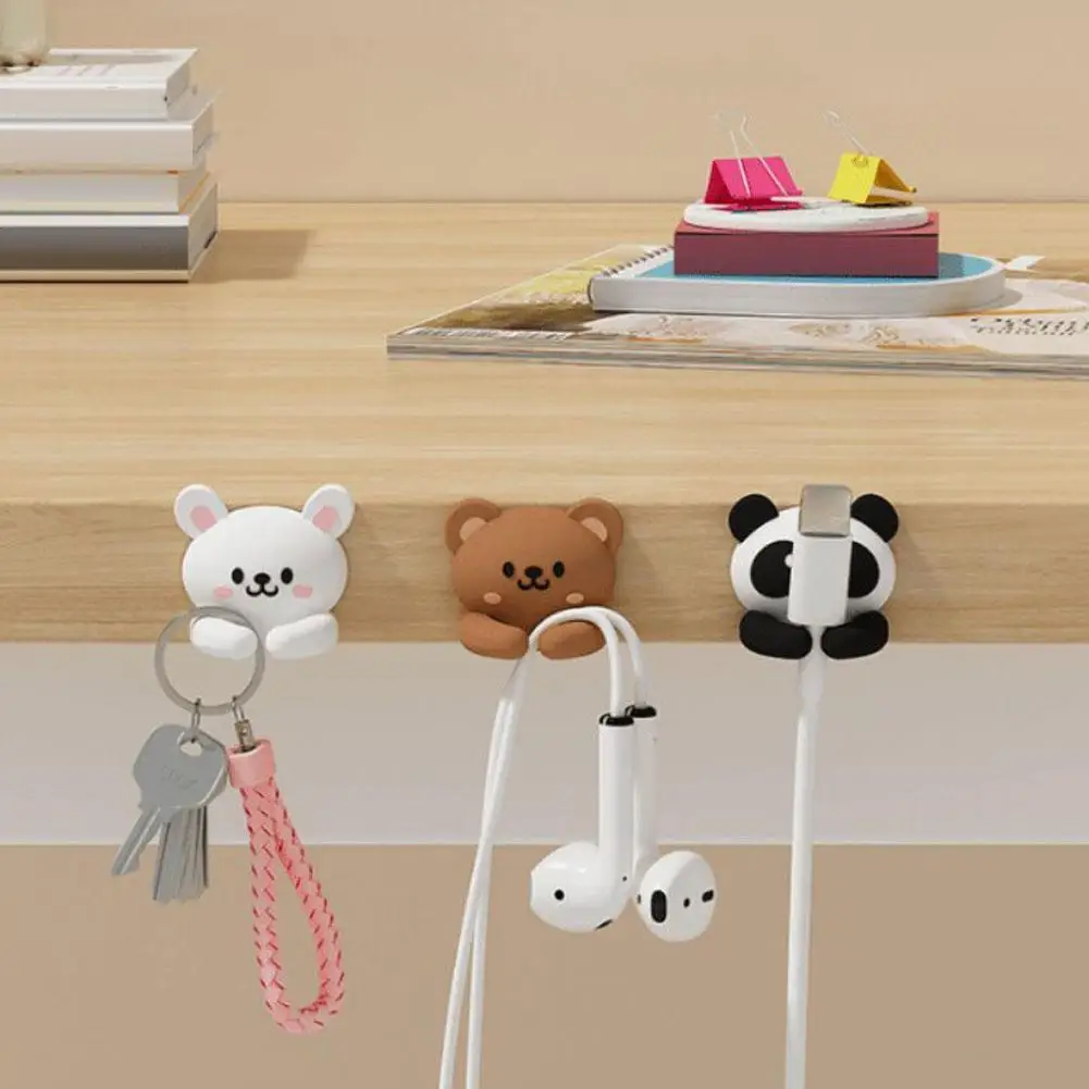 Cute Animal Cable Clips, Self-Adhesive Cable Organizer for Desk, Bear/Panda/Rabbit Wall Hooks for Charger, Keys, Headphones