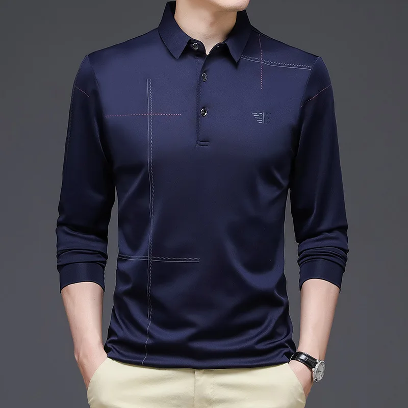 Men\'s Clothing Autumn and Winter New Fashion Lapel Trend Splice Buttons Long Sleeve Simplicity Solid Color Casual POLO Shirt