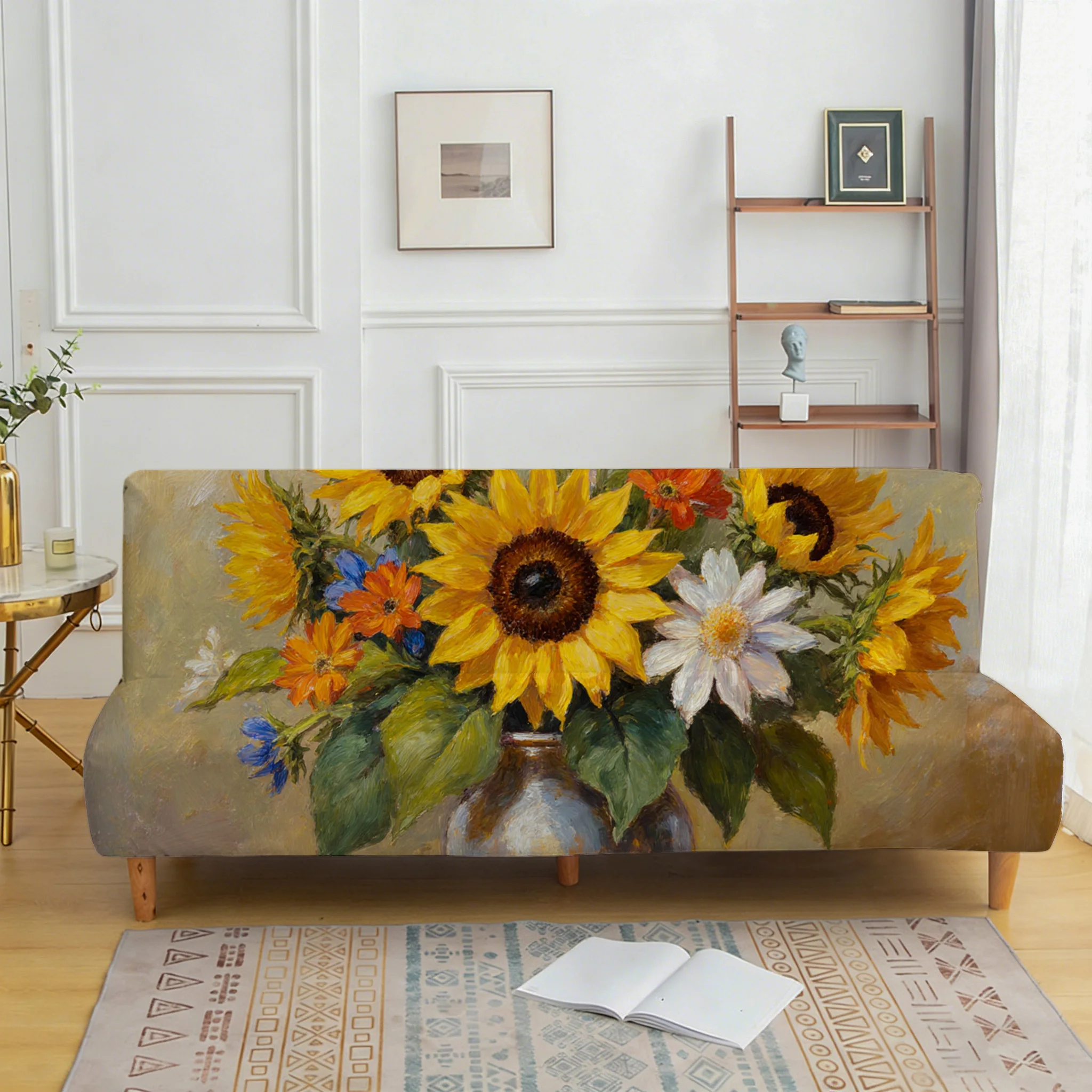 Oil painting style bouquet printing sofa bed cover, living room sofa bed cover, dustproof machine washable sofa bed cover