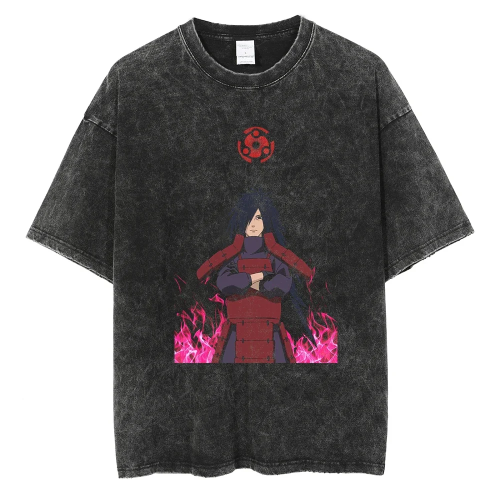 New Washed Naruto Anime Printed T-shirt Hip Hop Street Dress Japan 2025 Harajuku Cotton T-shirt Men's and Women's Short Sleeves