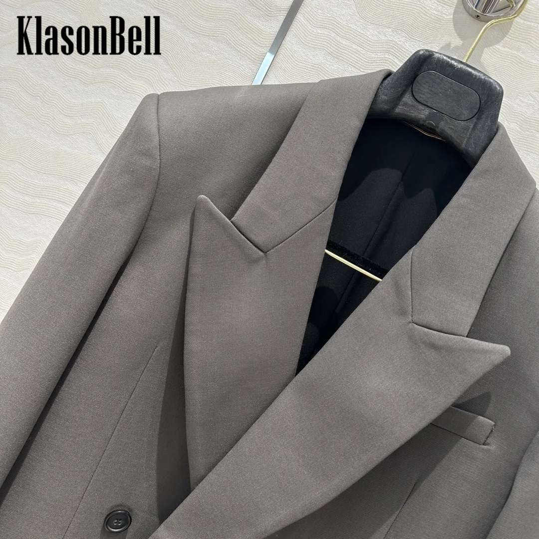 9.19 KlasonBell Women Classic Double Breasted Wool Blend Blazer Shoulder Pads Straight Mid-Length Long Sleeve Jacket