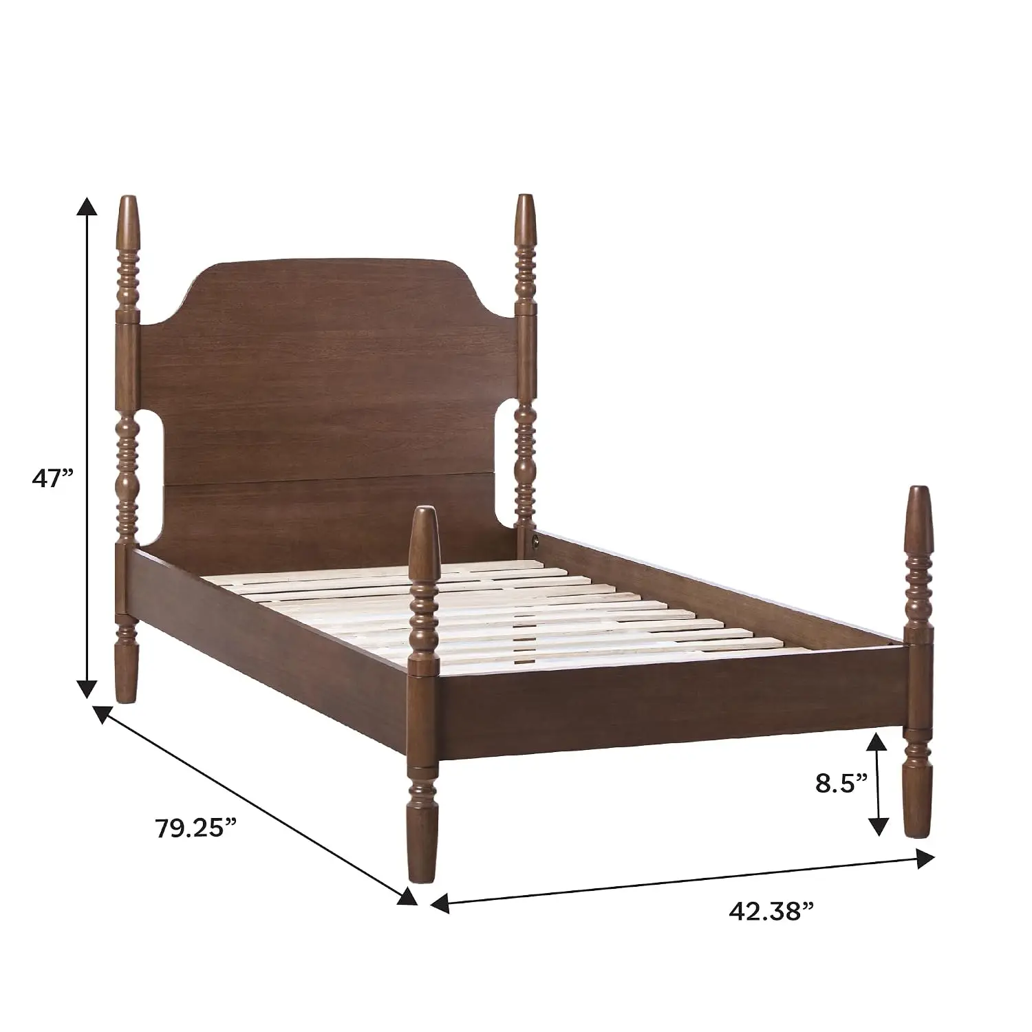 Traditional Wood Spindle Bed Frame No Box Spring Required Twin Size with Headboard Vintage Style Dark Brown, Customized