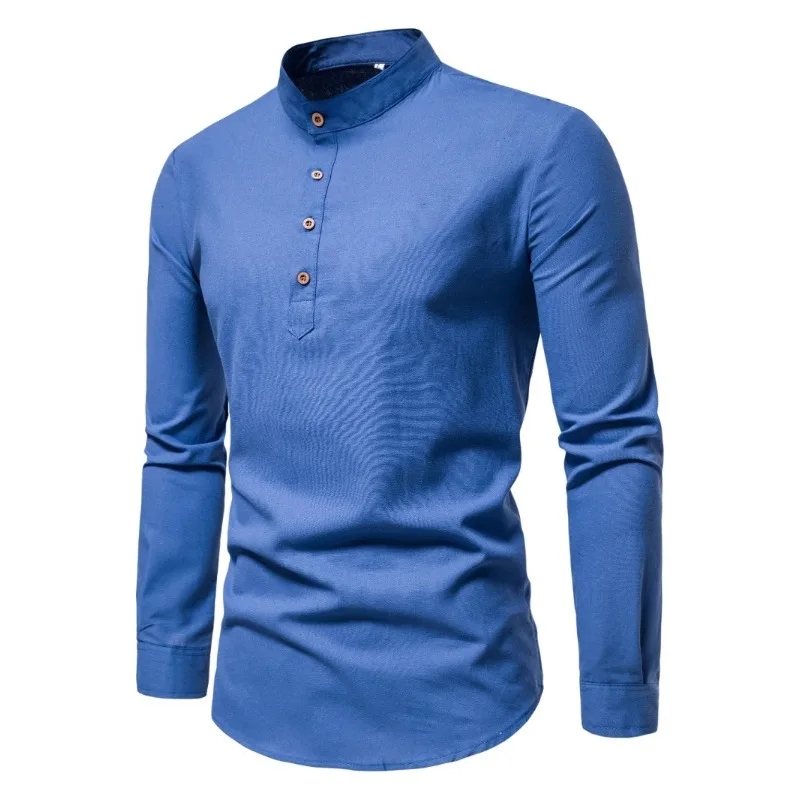 Camisas masculinas de cor sólida de algodão puro primavera e outono, camisas elegantes de manga comprida com gola alta, camisas masculinas justas