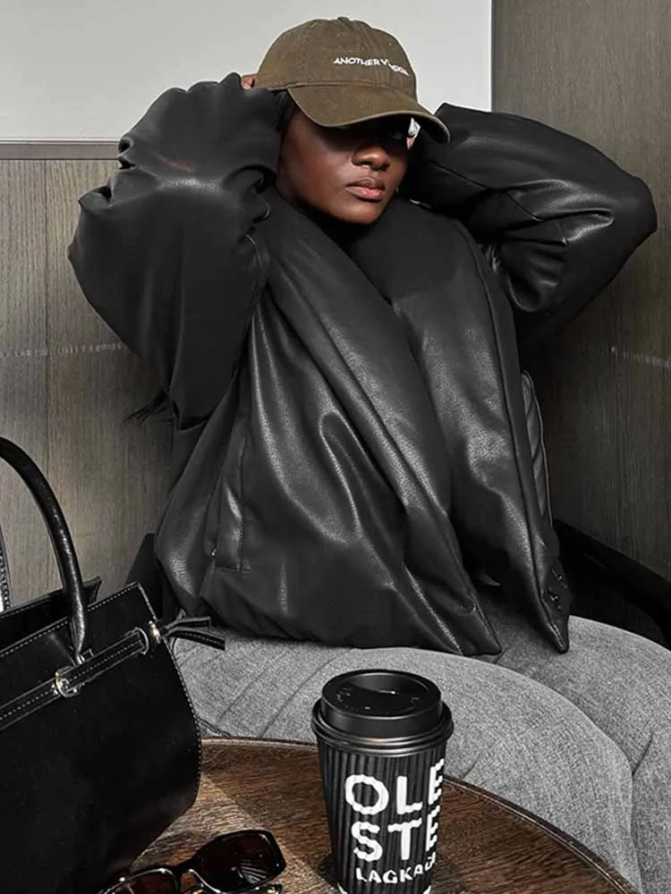 BKQU Solid Leather Down Jacket Woman Stand Collar Long Sleeve Cotton Padded Thicken Short Parkas Autumn Winter High Street Coats