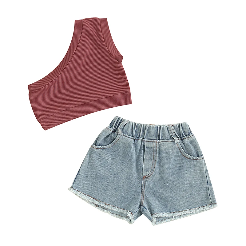 Toddler Baby Girl Summer Outfits Solid Color One Shoulder Ribbed Crop Top with Highwaist Pull On Denim Shorts 2Pcs