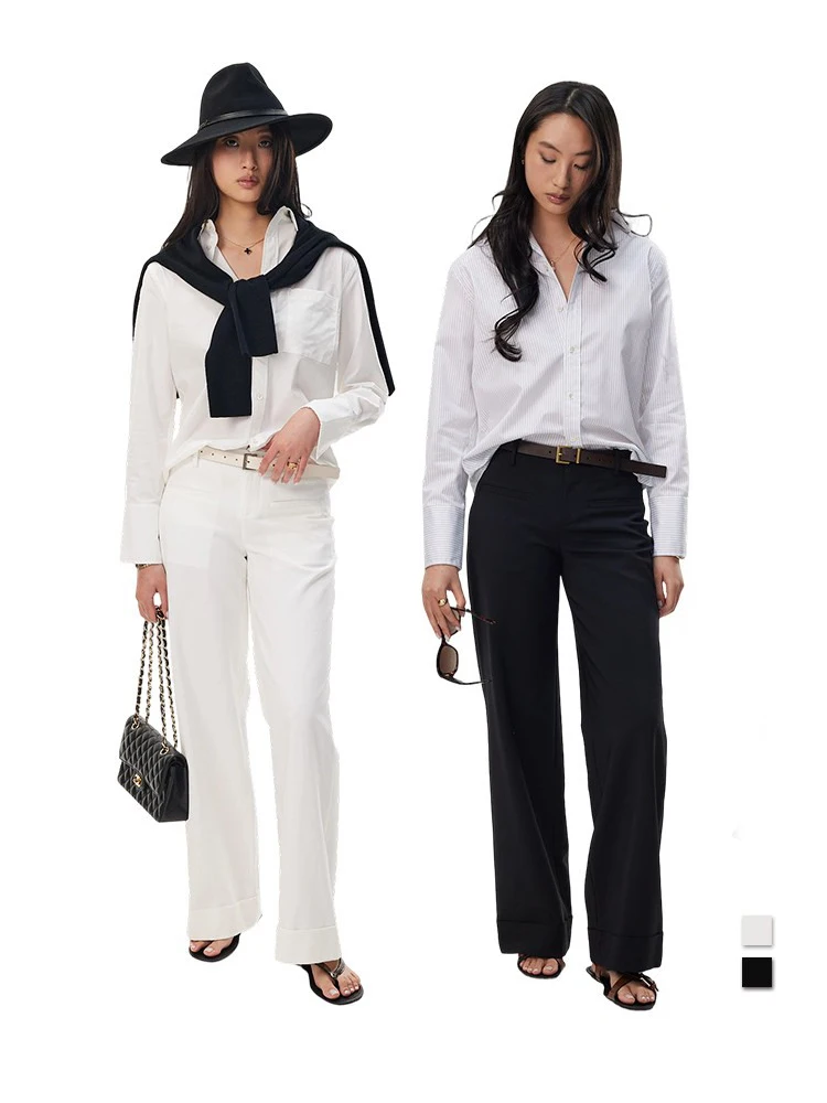 

Ele Low Waist Twill Pants Pure Color Flip Foot Mouth Straight Leg Casual Pants for Women in Daily Use