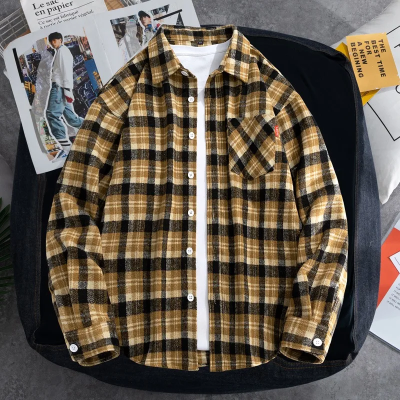 plus size Men's Shirts Button-Up Classic Plaid Casual Shirt Long Sleeved Chest Pockets Design Spring Autumn Men Tops