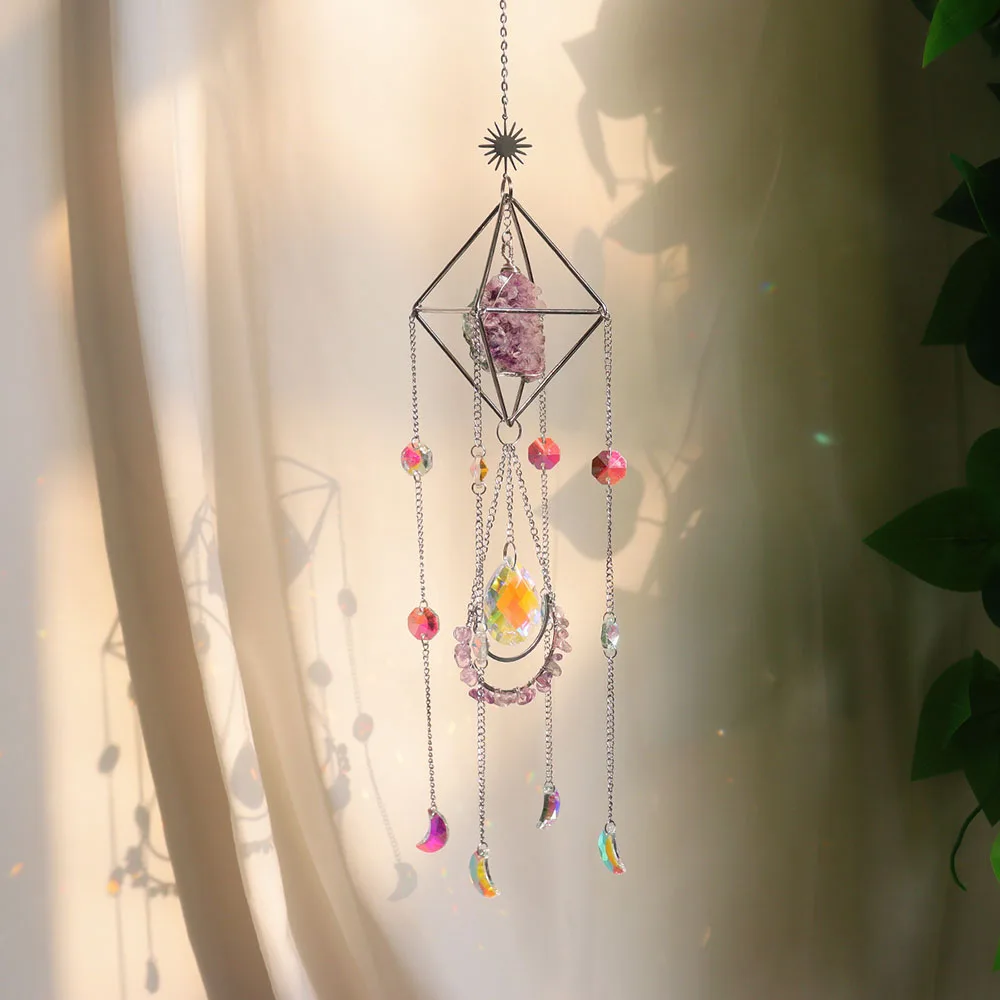 Custom Silver Geometric Frame Amethyst Cluster Stone Crystal Sun Catcher - Glass Pendants Hanging Ornament for Window Decor