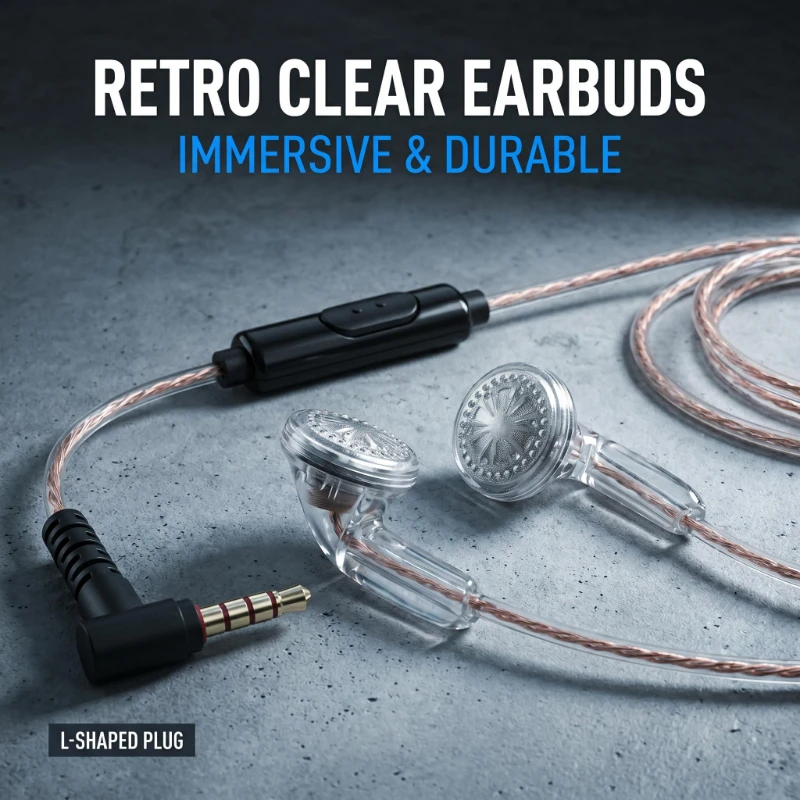 Retro Clear Wired Earbuds 3.5mm Jack Headphones with Braided Cable Mic L-Shaped Plug for Phones Tablets Laptops
