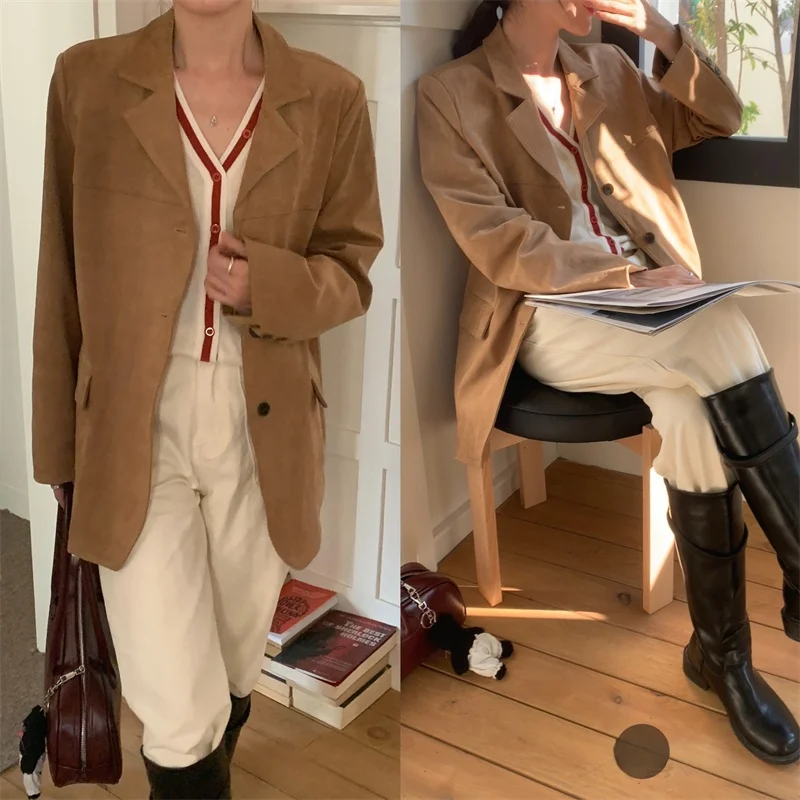 Autumn and Winter Korean Sle French sle Retro Maillard Color Series Deerskin Velvet Loose  Outerwear Women