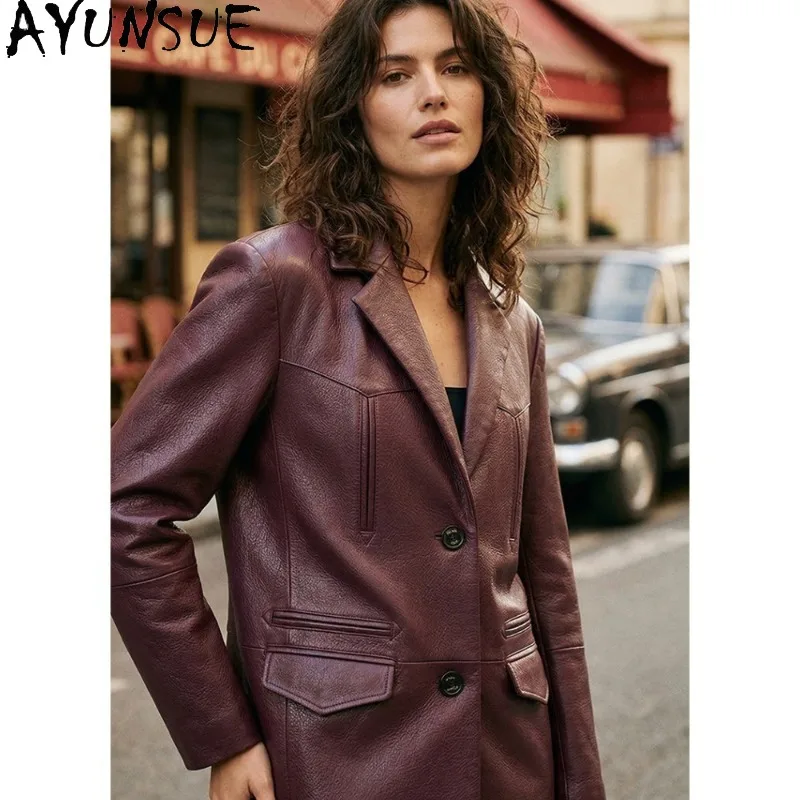 AYUNSUE Women's Real Leather Jackets Mid-length Commuting Jacket Woman Goatskin Long Sleeve Tops Woman Clothes Spring Autumn