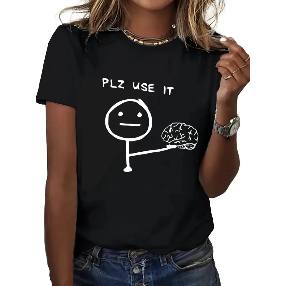 Funny T-shirt Humorous  PLZ USE IT   Brain Print Short Sleeve T Shirt Clothing Top Tee Summer Ladies Girls Shirt Humorous Design