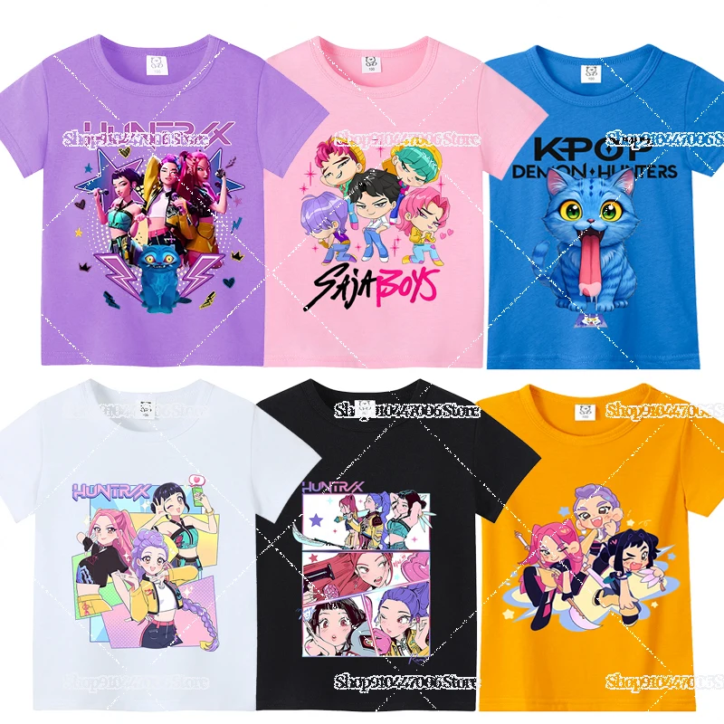

Футболка с принтом аниме Kpop Demon Hunters для детей, топы, летняя хлопковая одежда для девочек, футболки Huntrix Saja Boys Tiger Harajuku