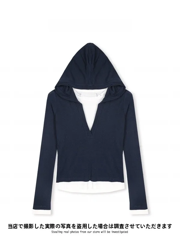

Yanyan Summer New Style Casual Loose Fit Long Sleeve T-Shirt Fake Two-Piece Hoodie Cotton 100% Ladies FashionYY2499
