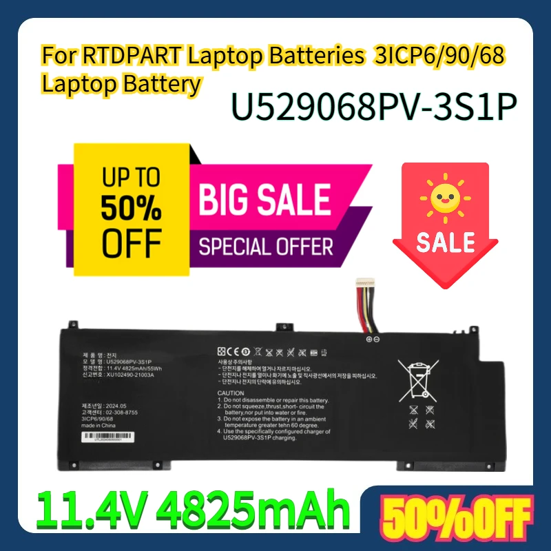 

For RTDPART Laptop Batteries 11.4V 4825mAh U529068PV-3S1P 3ICP6/90/68 Laptop Battery