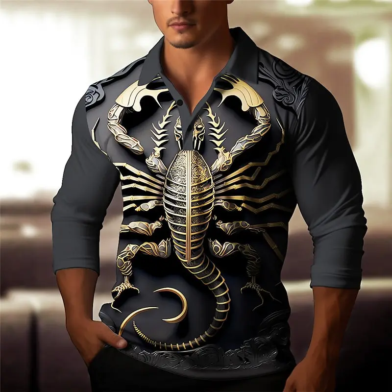 

Men's Scorpion Wolf Art Long Sleeve Polo Shirt Lapel Sports Leisure Outdoor Office Daily Wear Button Spring Autumn Winter