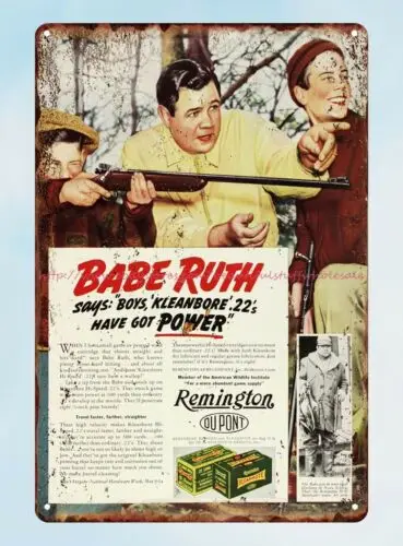 1938 baseball player Babe Ruth Remington Du pont rifle tin sign bar club brewery